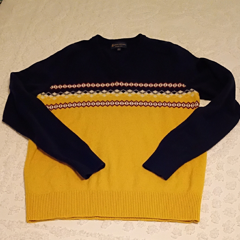 Brooks Brothers Italian Yarn Yellow Blue Fair Isle Wool Blend Sweater Size Large